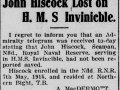 John Hiscock Lost on H.M.S. Invincible-Evening Telegram-1916-06-08-2