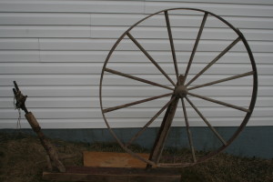 Spinning wheel belonging to Monica (Hallern) Shaw, Little Heart's Ease. Nown proudly owned by her grandson, Gerald.